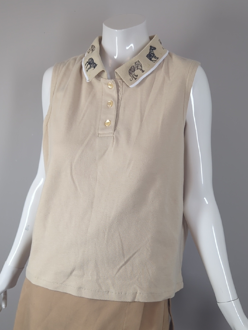 Vintage Safari Collar Tank Top L Animal Embroidered